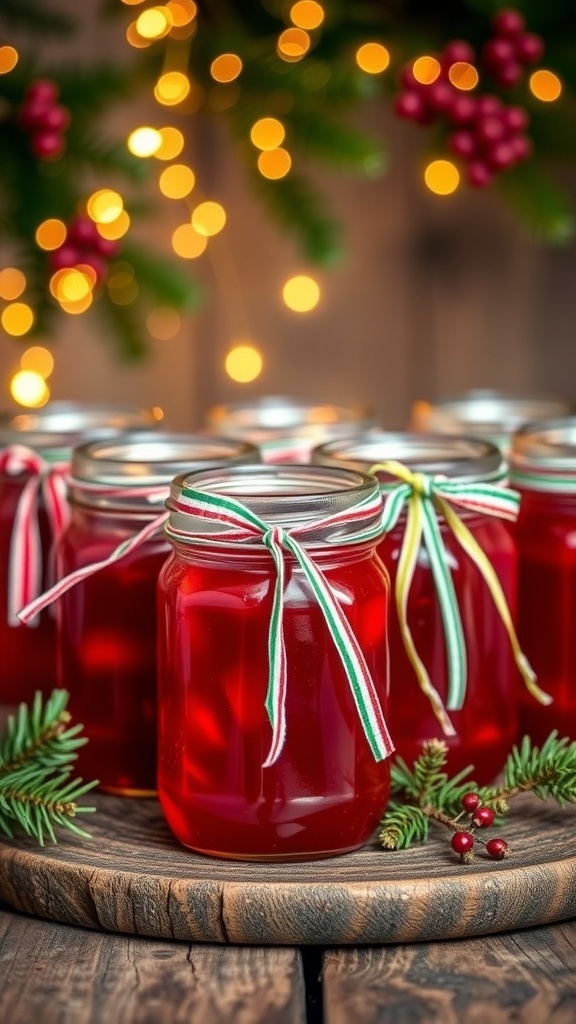 Jars of red Christmas jelly with ribbons on a wooden table, decorated with fairy lights and pine branches.
